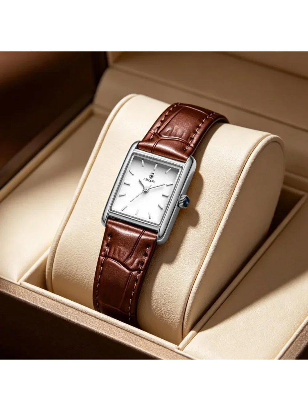 Women's Silver Case Brown Rectangle Vintage Leather Strap  Quartz Movement Watch